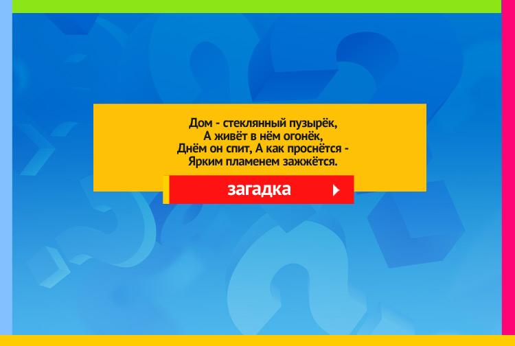 Загадка про лампочку. Дом стеклянный пузырёк, А живёт в нём огонёк, Днём он спит, А как проснётся - Ярким пламенем зажжётся.