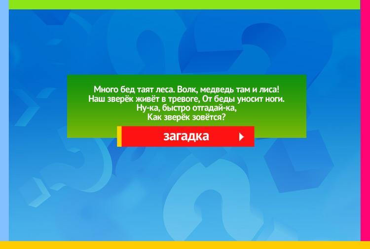 Загадка про зайца. Много бед таят леса. Волк, медведь там и лиса! Наш зверёк живёт в тревоге, От беды уносит ноги. Ну-ка, быстро отгадай-ка, Как зверёк зовётся?