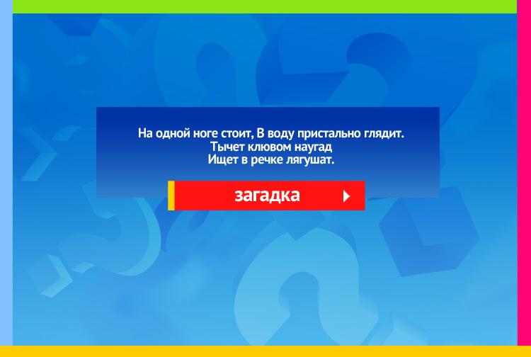 Загадка про цаплю. На одной ноге стоит, В воду пристально глядит. Тычет клювом наугад Ищет в речке лягушат.