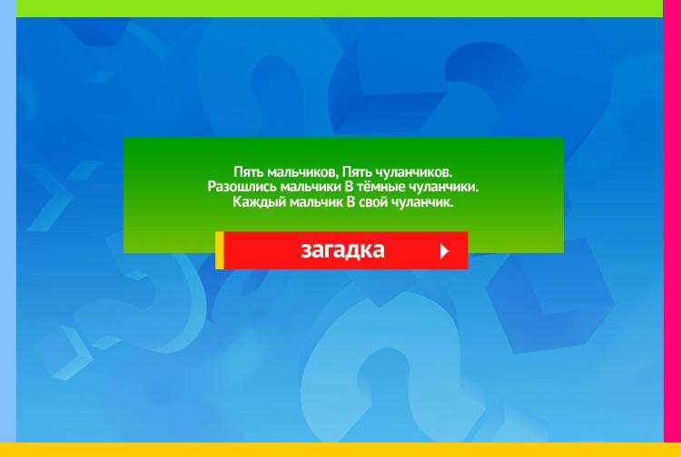 Загадка про Пальцы и перчатки. Пять мальчиков, Пять чуланчиков. Разошлись мальчики В тёмные чуланчики. Каждый мальчик В свой чуланчик.