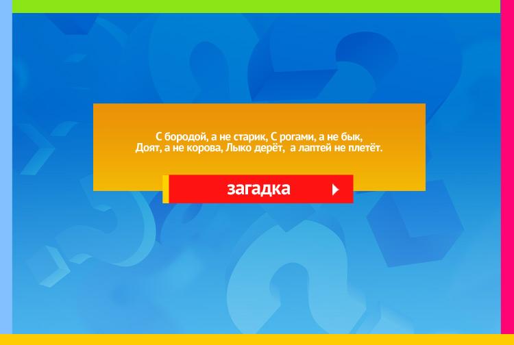 Загадка про козу. С бородой, а не старик, С рогами, а не бык, Доят, а не корова, Лыко дерёт,  а лаптей не плетёт.