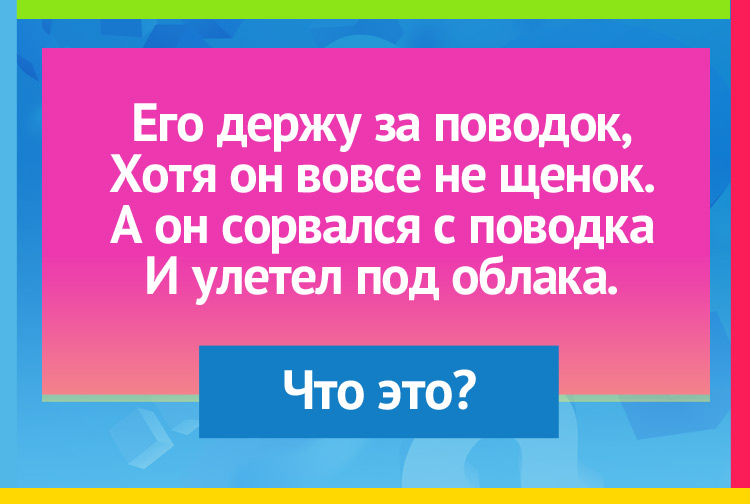 Загадка про воздушный шарик. Его держу за поводок, Хотя он вовсе не щенок. А он сорвался с поводка И улетел под облака.