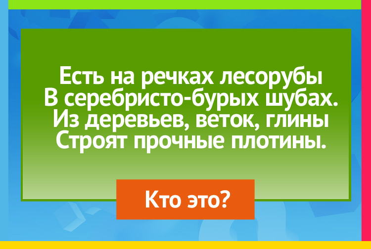 Загадка про бобра. Есть на речках лесорубы В серебристо-бурых шубах. Из деревьев, веток, глины Строят прочные плотины.