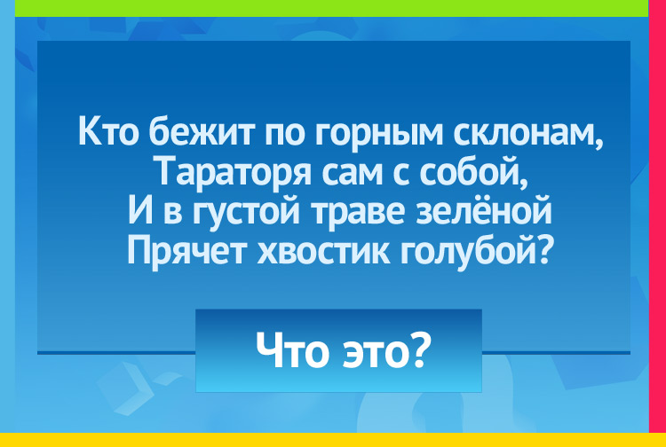 Загадка про ручей. Кто бежит по горным склонам, Тараторя сам с собой, И в густой траве зелёной Прячет хвостик голубой?