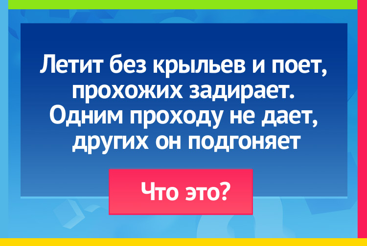 Загадка про ветер. Летит без крыльев и поет, прохожих задирает. Одним проходу не дает, других он подгоняет.