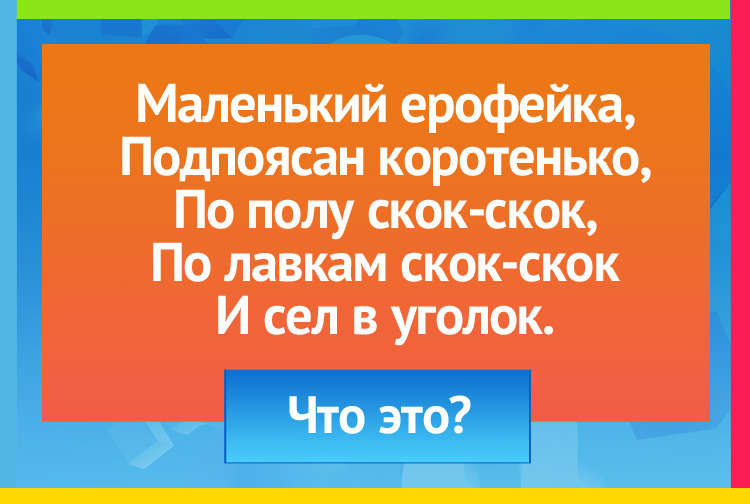 Загадка про веник. Маленький ерофейка, Подпоясан коротенько, По полу скок-скок, По лавкам скок-скок И сел в уголок.