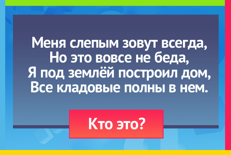 Загадка про крота. Меня слепым зовут всегда, Но это вовсе не беда, Я под землёй построил дом, Все кладовые полны в нем.