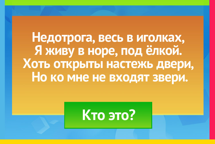 Загадка про ежика. Недотрога, весь в иголках, Я живу в норе, под ёлкой. Хоть открыты настежь двери, Но ко мне не входят звери.