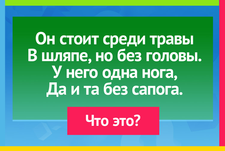 Загадка про гриб. Он стоит среди травы В шляпе, но без головы. У него одна нога, Да и та без сапога.