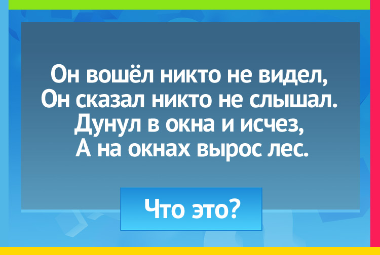 Загадка про мороз. Он вошёл никто не видел, Он сказал никто не слышал. Дунул в окна и исчез, А на окнах вырос лес.