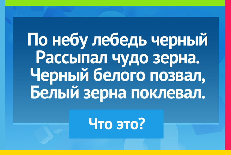 Загадка про Ночь, звезды и день. По небу лебедь черный Рассыпал чудо зерна. Черный белого позвал, Белый зерна поклевал.