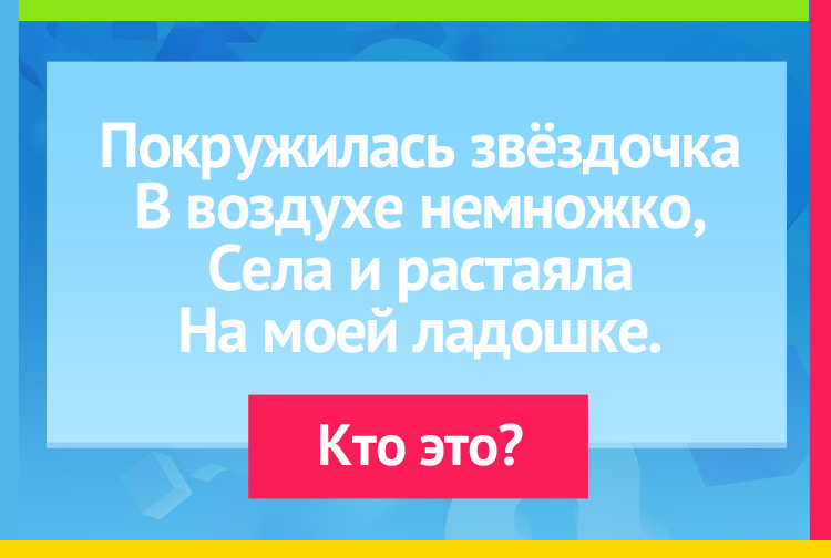 Загадка про снежинку. Покружилась звёздочка В воздухе немножко, Села и растаяла На моей ладошке.