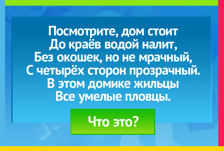 Загадка про аквариум. Посмотрите, дом стоит До краёв водой налит, Без окошек, но не мрачный, С четырёх сторон прозрачный. В этом домике жильцы Все умелые пловцы.