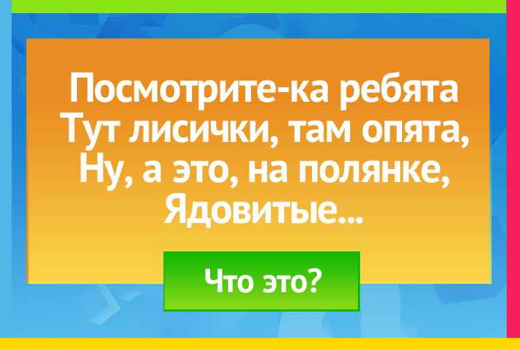 Загадка про поганки. Посмотрите-ка, ребята Тут лисички, там опята, Ну, а это, на полянке, Ядовитые...