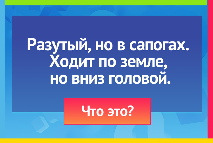 Загадка про Гвоздь в сапоге. Разутый, но в сапогах. Ходит по земле, но вниз головой.