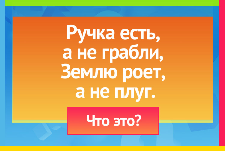 Ручка есть, а не грабли, Землю роет, а не плуг.