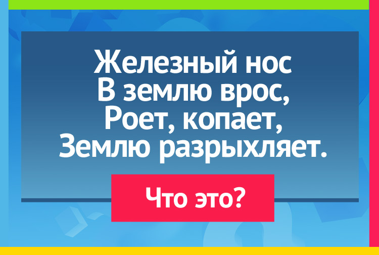 Загадка про плуг. Железный нос В землю врос, Роет, копает, Землю разрыхляет.