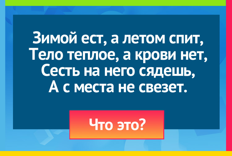 Загадка про печку. Зимой ест, летом спит, Тело теплое, а крови нет, Сесть на него сядешь, А с места не свезет.