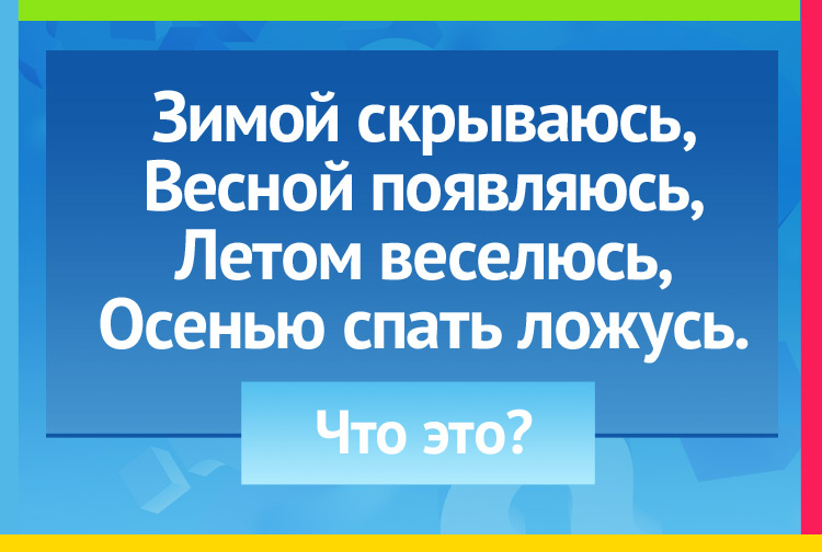 Загадка про реку. Зимой скрываюсь, Весной появляюсь, Летом веселюсь, Осенью спать ложусь.